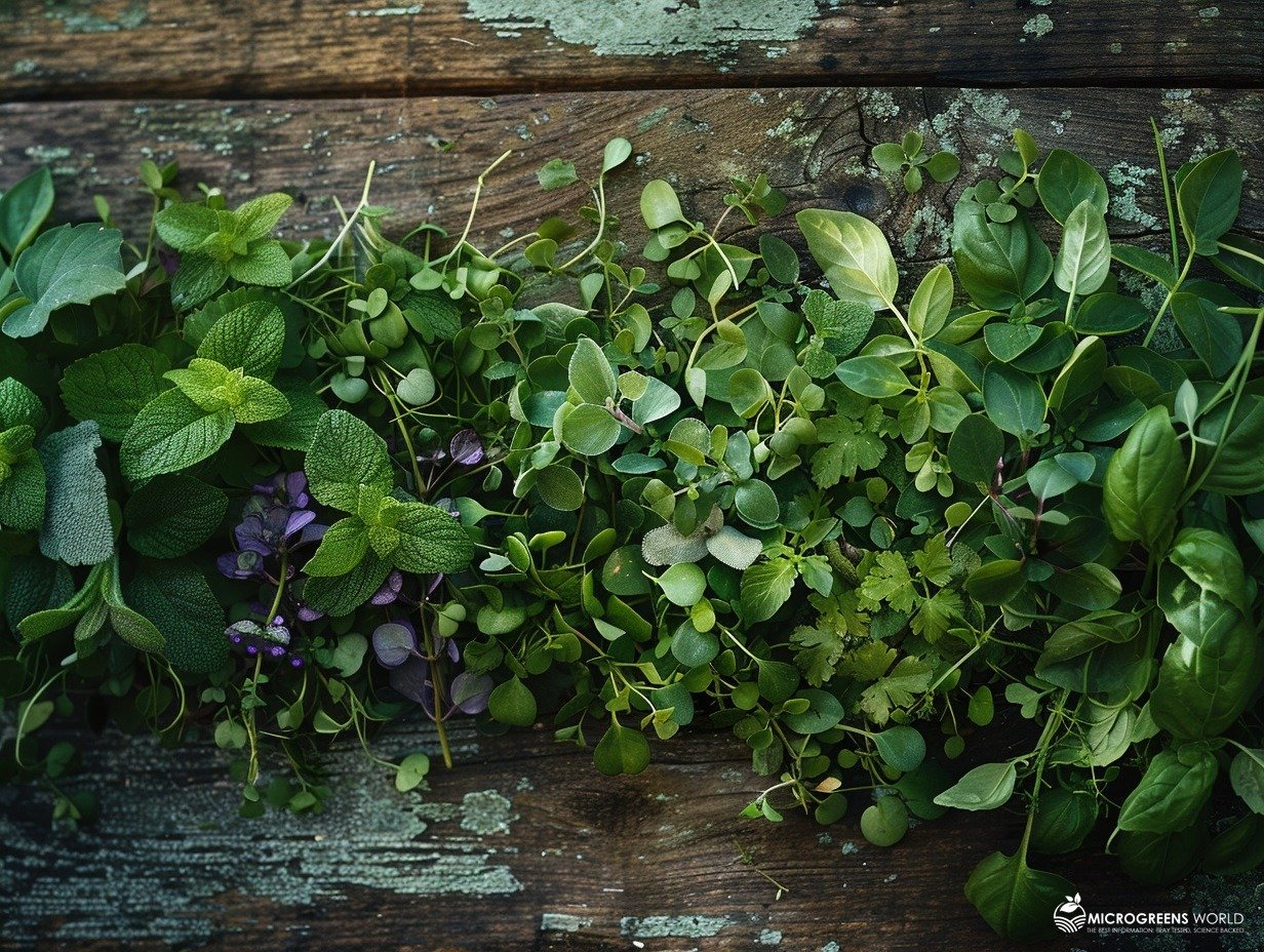 A vibrant, close-up image of various microherbs, showcasing their tiny, delicate leaves and rich green hues, arranged beautifully on a rustic wooden table with soft, natural lighting to highlight their freshness and texture.