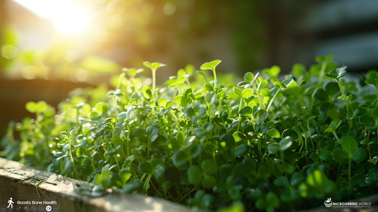 A vibrant, close-up shot of fresh, green microherbs growing in a rustic wooden box, with sunlight streaming through a kitchen window, illuminating the delicate leaves and creating a warm, healthy ambiance, boosting bone health.
