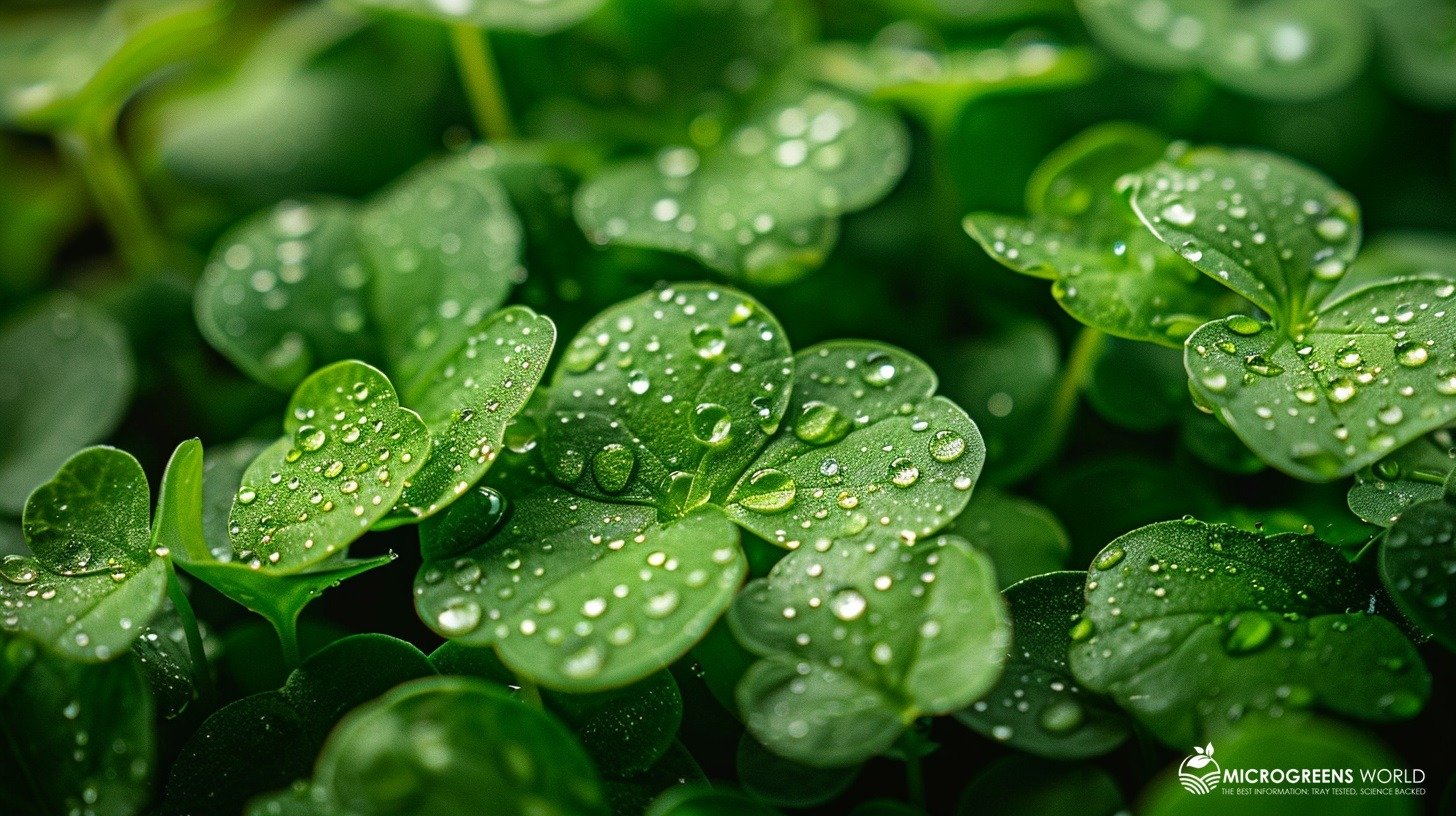 A vibrant, close-up image of fresh mustard microgreens with dew drops showcasing their lush, crinkled leaves. Bright, natural lighting highlights the rich green hues and texture, emphasizing freshness and healthiness.