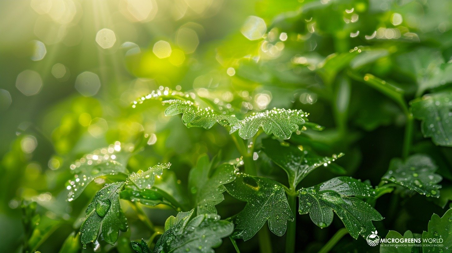 A vibrant, close-up image of fresh parsley leaves glistening with morning dew, set against a soft-focus garden background with sunlight streaming through, highlighting the lush green color and intricate leaf patterns.
