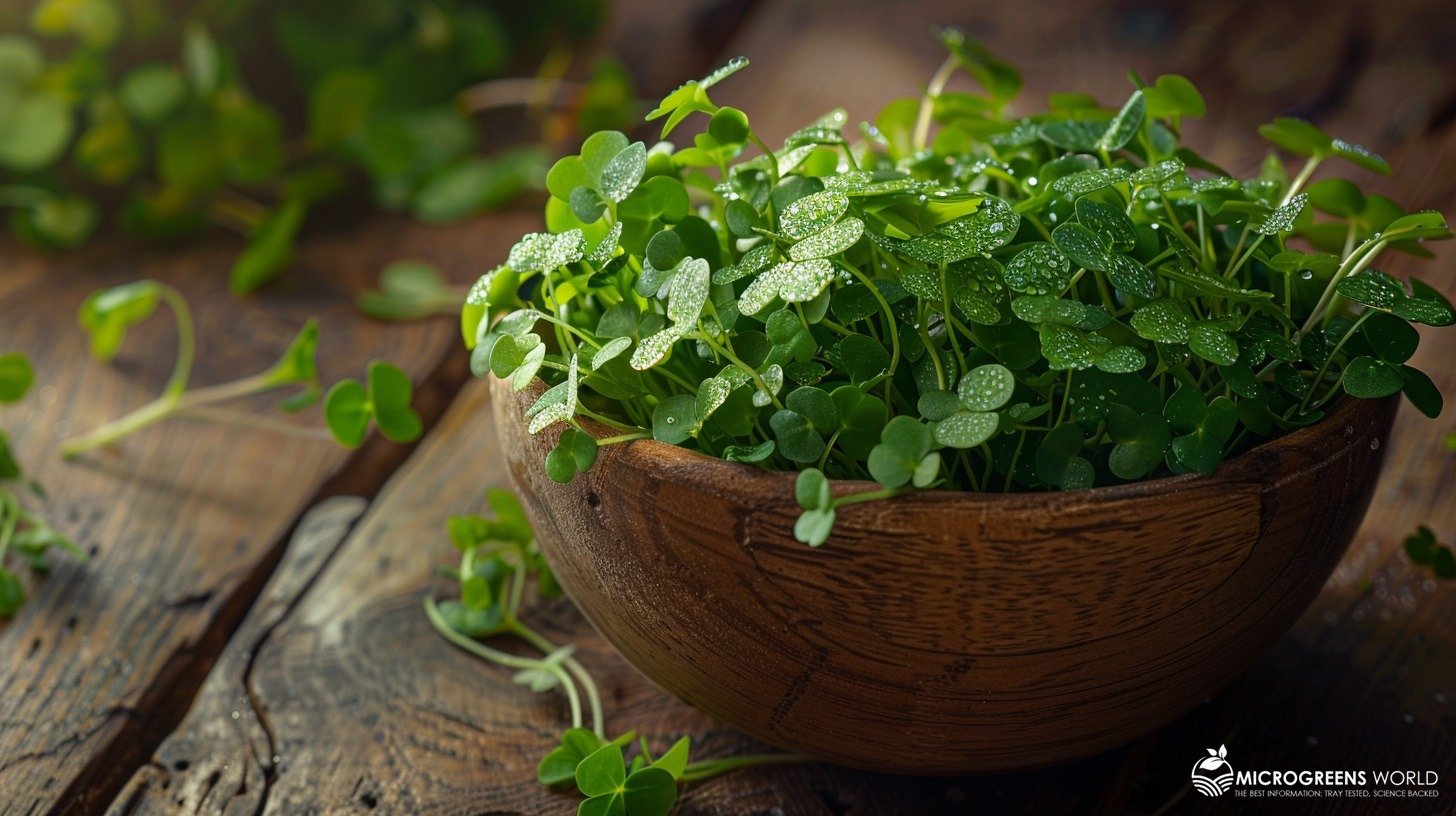 A lush, green bunch of watercress microgreens with dewdrops glistening, nestled in a wooden bowl, set against a rustic wooden table background with a hint of sunlight filtering through leaves, creating a natural, healthy ambiance.