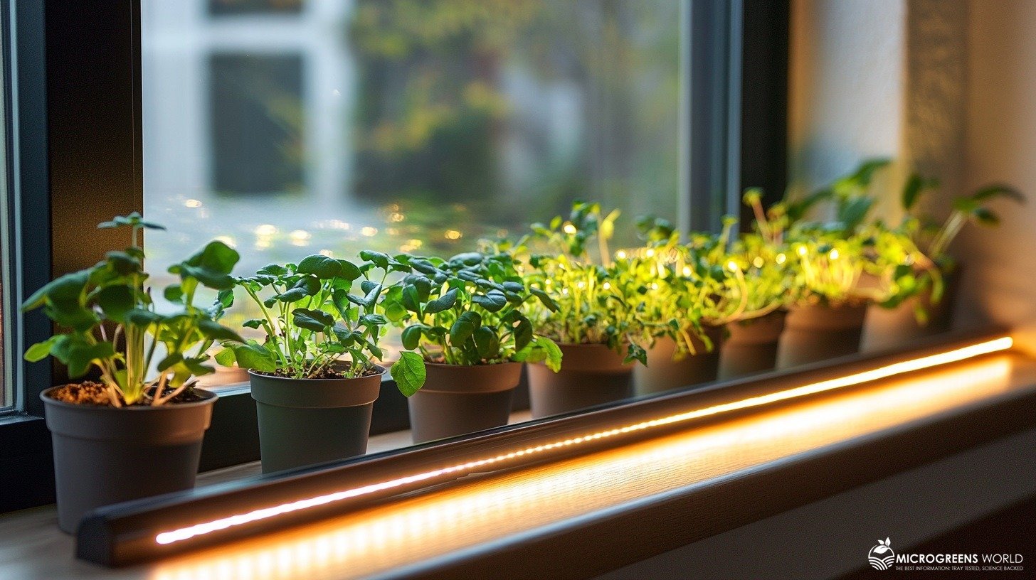Image of a windowsill lined with small potted microherbs under a sleek, modern LED grow light strip