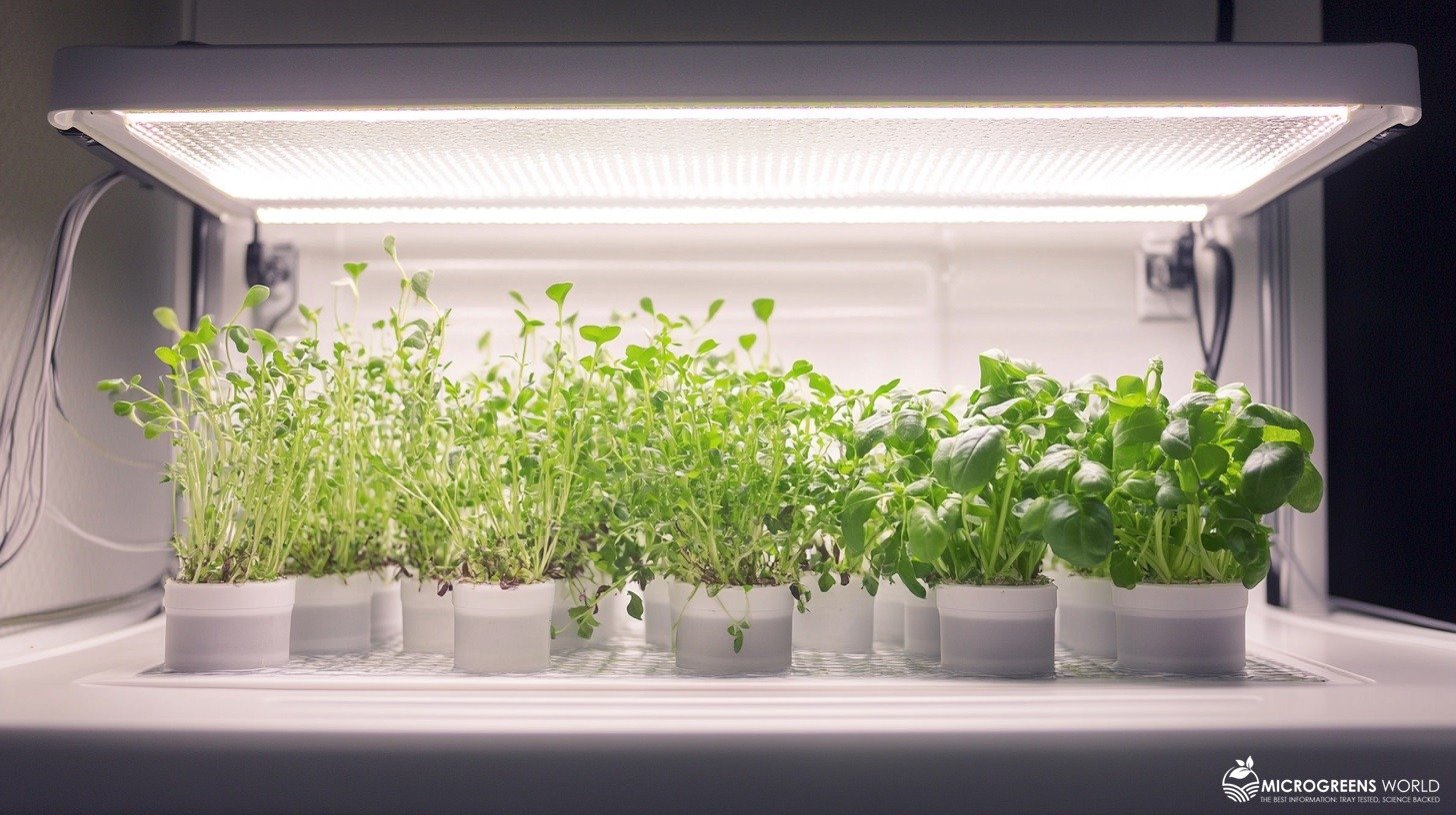 A minimalist, compact hydroponic setup with a white LED grow light