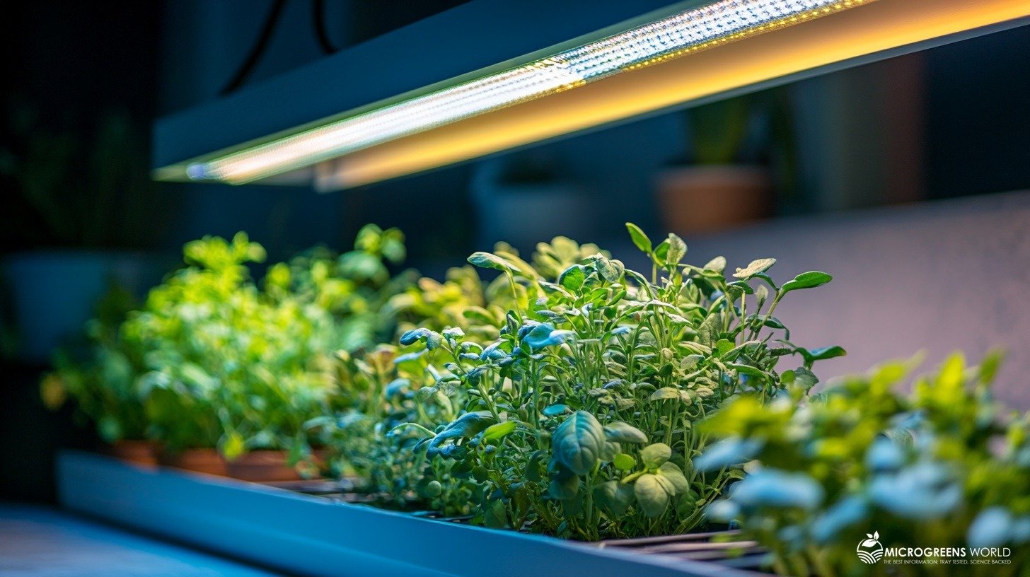 A serene indoor herb garden illuminated by LED grow lights