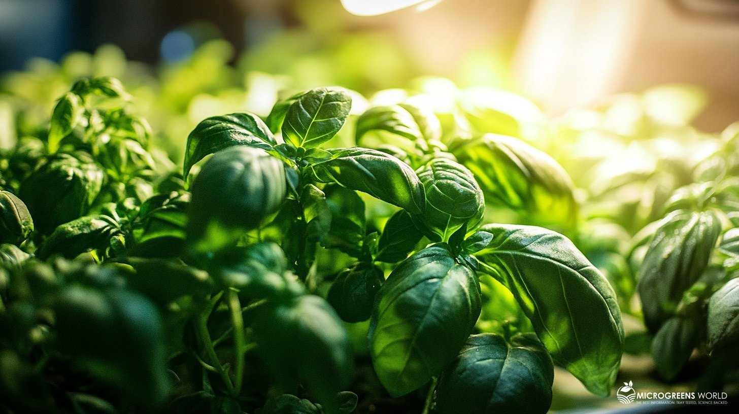 A hydroponic indoor herb garden with lush green basil, rosemary, and thyme under LED grow lights
