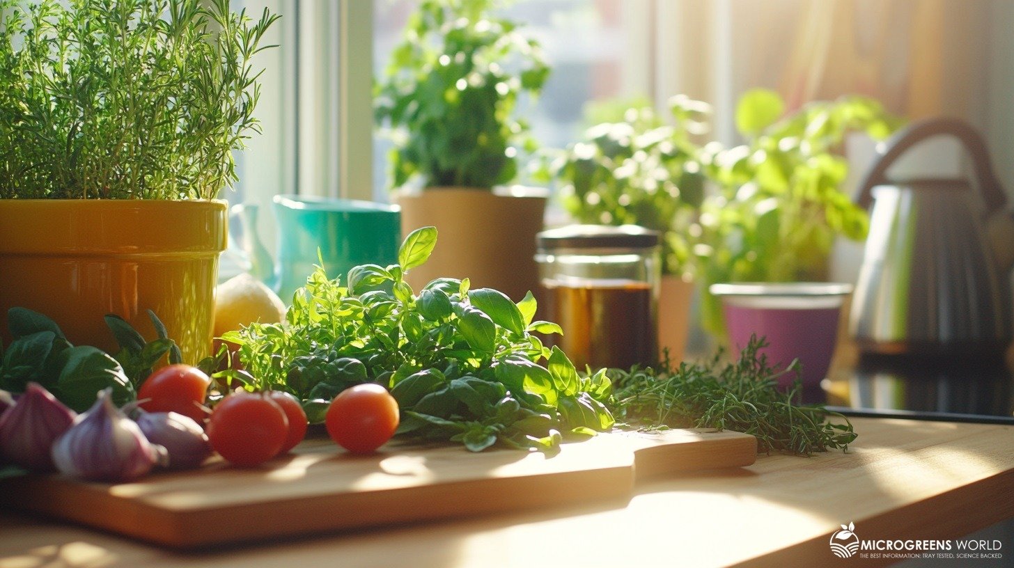 A vibrant kitchen scene with fresh micro herbs like basil, rosemary, and thyme being chopped on a wooden cutting board, colorful salads and herbal teas prepared nearby, sunlight streaming through a window with potted micro herbs on the sill.