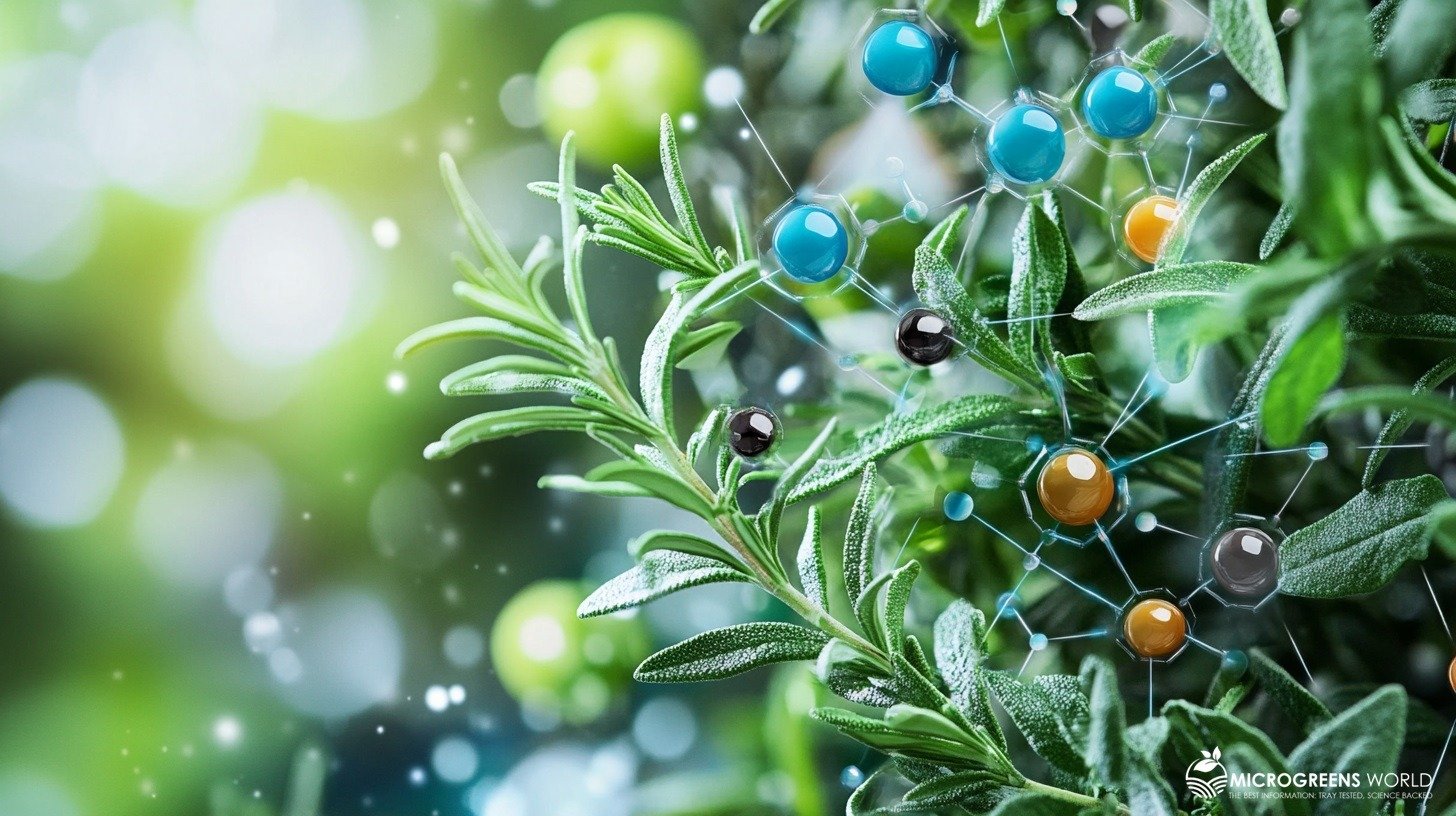 A vivid, close-up image featuring fresh herbs like rosemary, thyme, and basil, with each herb surrounded by colorful molecular structures representing specific antioxidants, all set against a soft, blurred garden background.