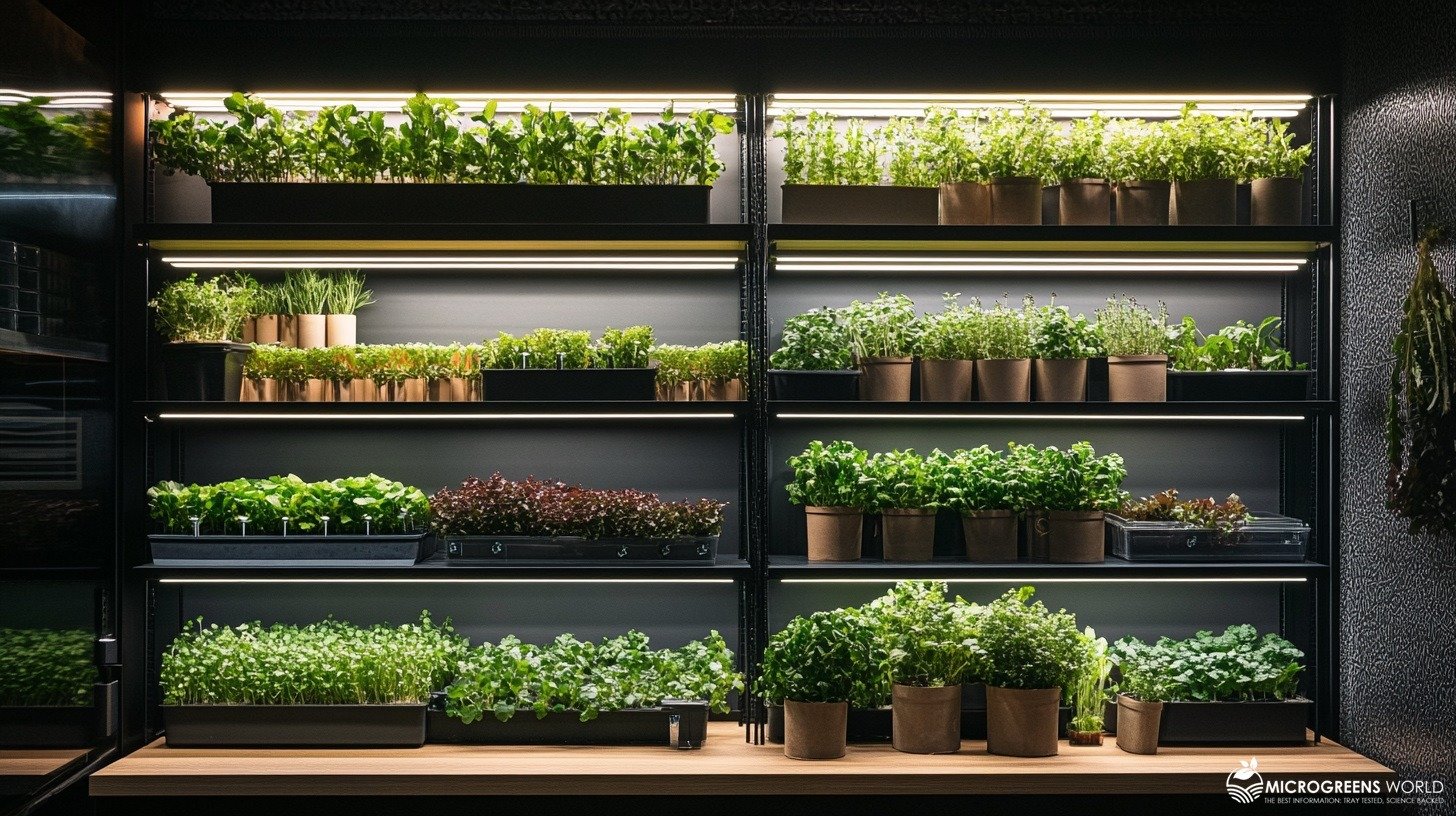 Illuminated shelves with densely growing microherbs in planters under LED strip