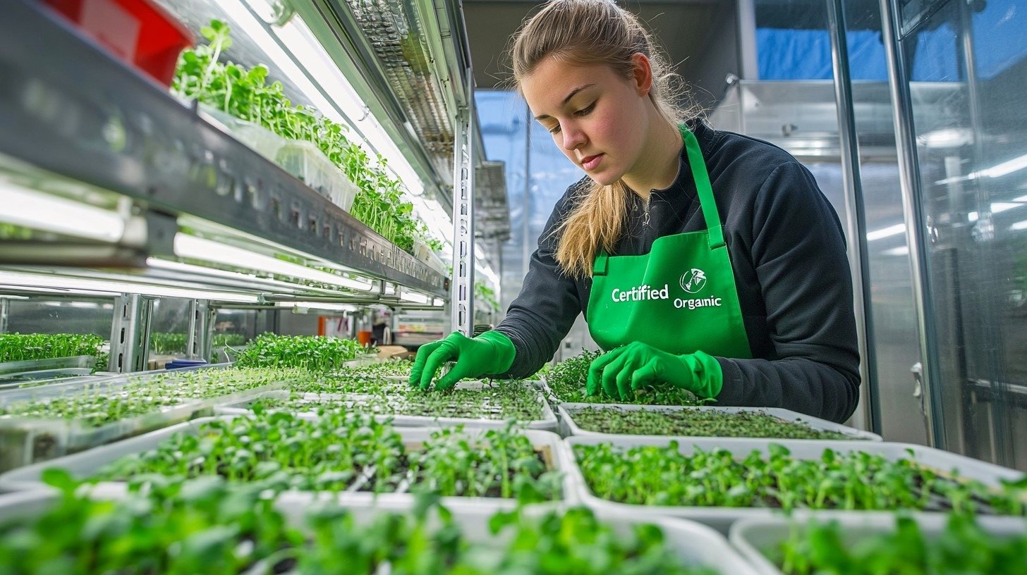 A vibrant, modern microgreens farm that emphasizes quality control and sustainability.