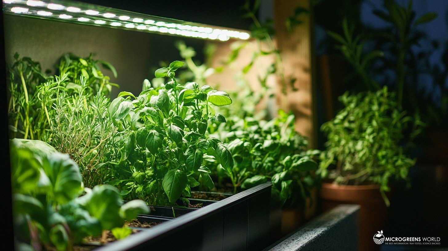 A lush, vibrant indoor herb garden with diverse herbs, softly illuminated by a precise arrangement of warm-white and cool-blue LED grow lights
