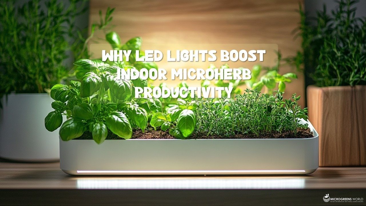 A lush, indoor herb garden with vibrant green basil, rosemary, and thyme plants thriving under the glow of soft white LED grow lights
