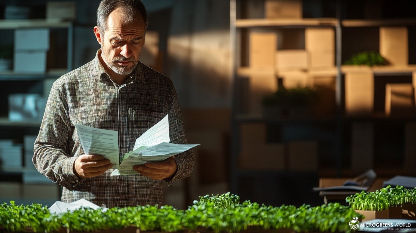 Man pouring over tax bills in his indoor microgreens farm.