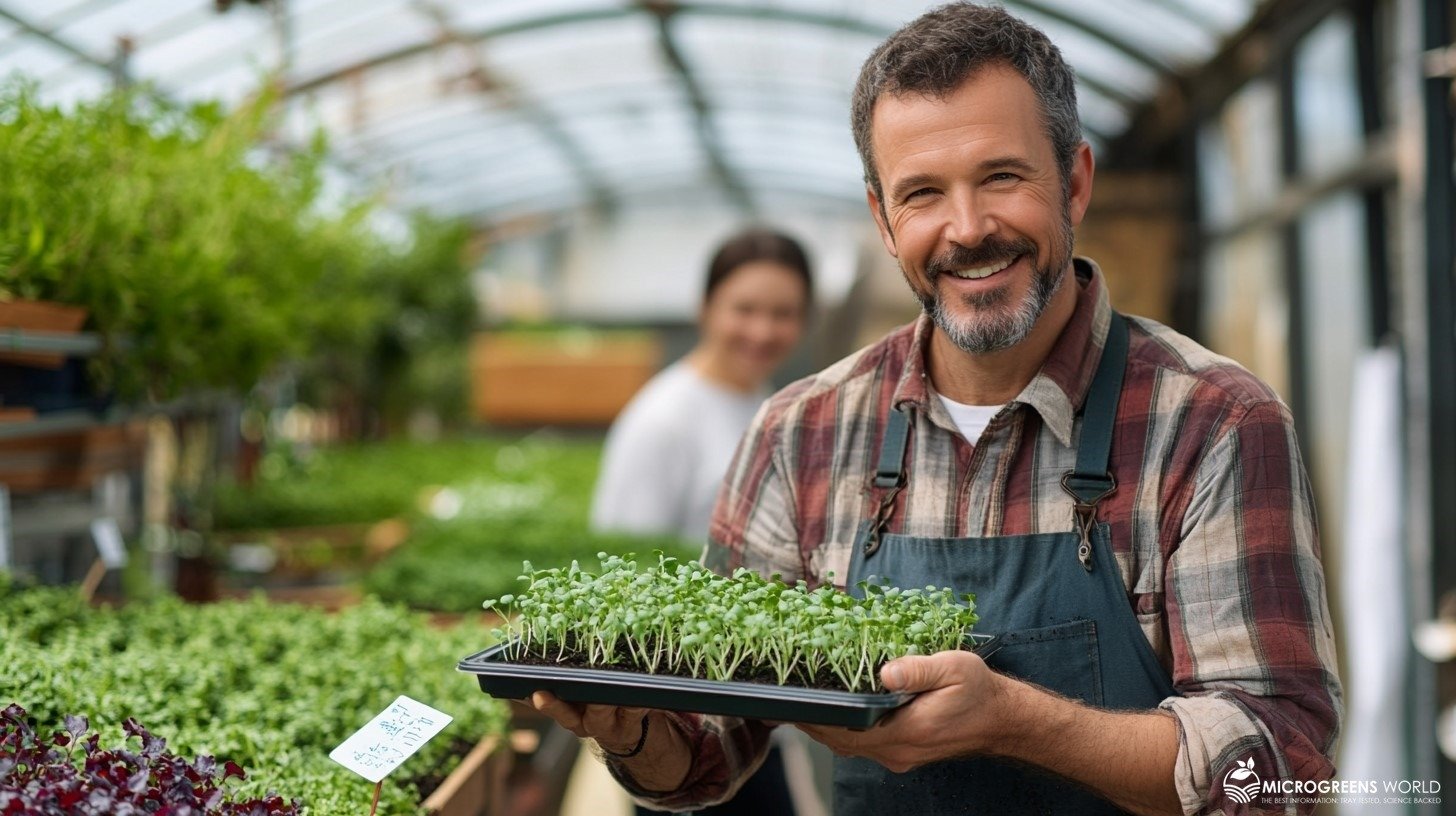 Microgreens Farmer showing off Harvest