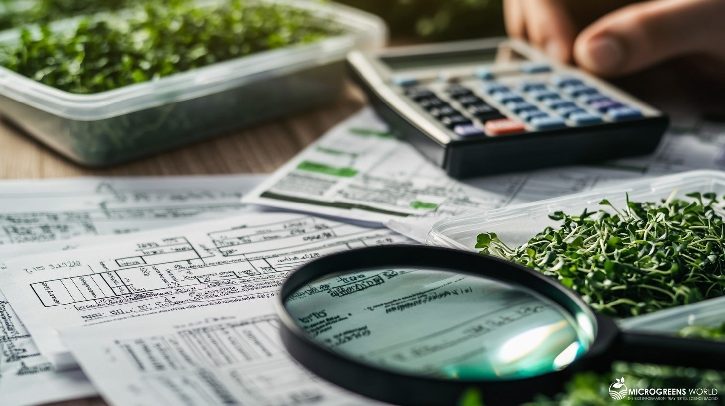 Table filled with tax form, a calculator, magnifying glass and trays of microgreens