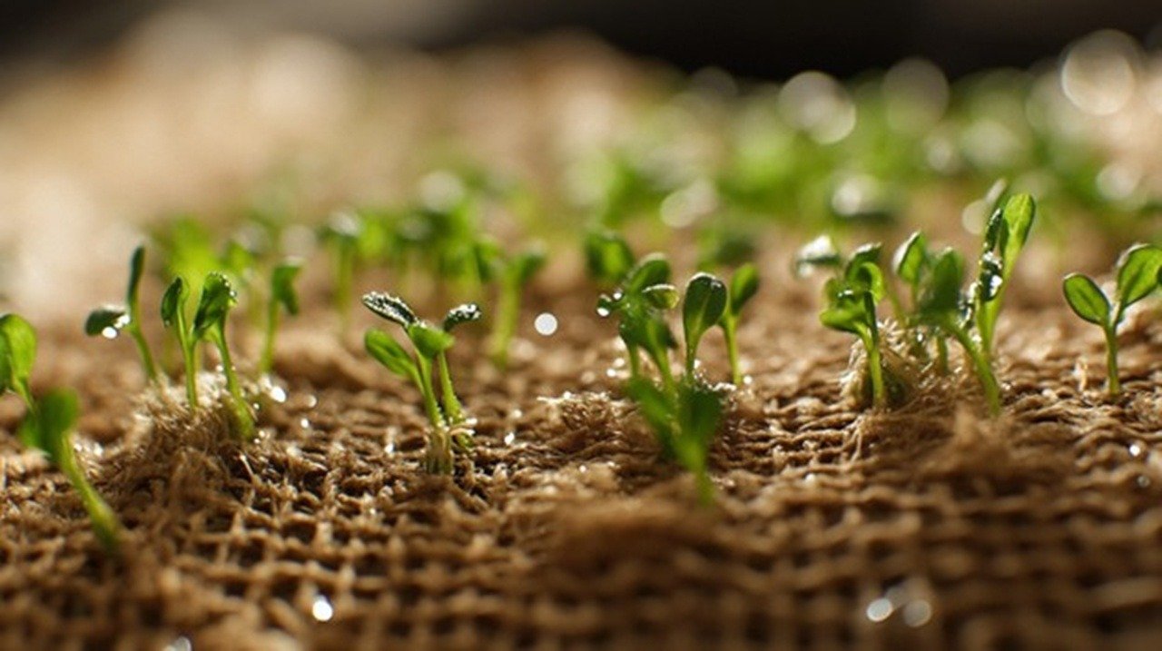 Close-up shot of lush microgreens sprouting through a textured, tan-colored hemp fiber grow mat