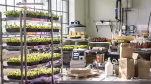 Sunlit indoor workspace with stacked metal growing racks, vibrant microgreens in black trays, measuring equipment, LED grow lights, misting bottles, and natural wood packaging materials arranged professionally