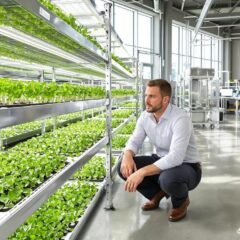 Professional urban farmer examining rows of vibrant microgreens in a modern indoor growing facility, wearing crisp business casual attire and kneeling beside pristine stainless steel growing racks.