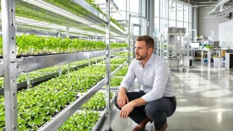 Professional urban farmer examining rows of vibrant microgreens in a modern indoor growing facility, wearing crisp business casual attire and kneeling beside pristine stainless steel growing racks.