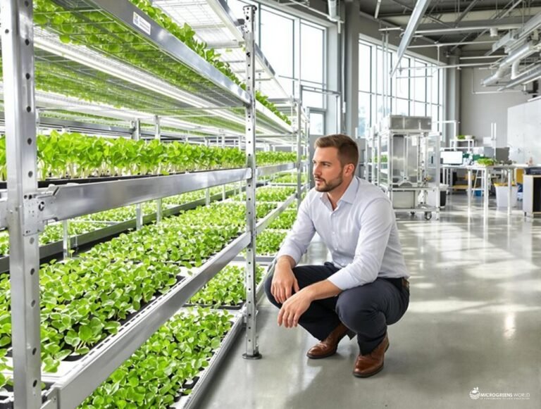 Professional urban farmer examining rows of vibrant microgreens in a modern indoor growing facility, wearing crisp business casual attire and kneeling beside pristine stainless steel growing racks.