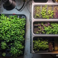 Broken lamps, wilted microgreens on filthy tables.