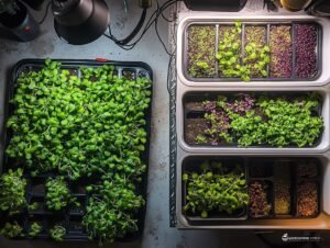 Broken lamps, wilted microgreens on filthy tables.