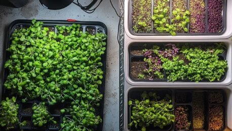 Broken lamps, wilted microgreens on filthy tables.