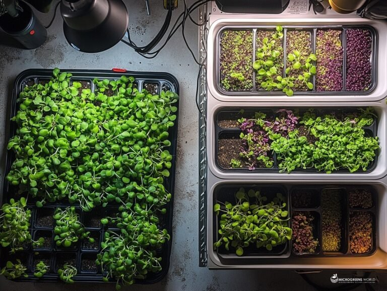 Broken lamps, wilted microgreens on filthy tables.