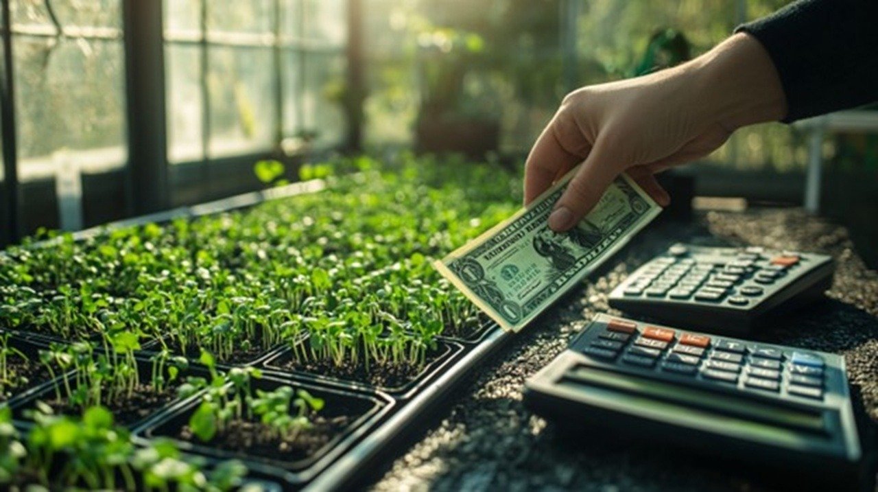 A hand counting crisp dollar bills beside neat rows of vibrant microgreens growing in black trays, sunlight streaming through greenhouse windows, business ledger and calculator nearby.