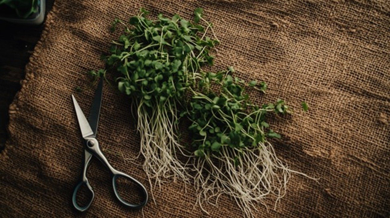 Freshly harvested microgreens stand upright on a brown, fibrous hemp grow mat, their vibrant stems contrasting against the earthy substrate.