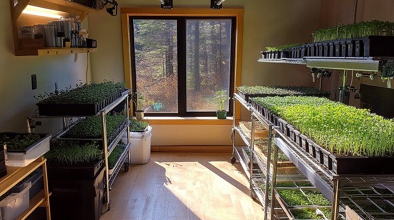 Hydroponic racks filled with vibrant microgreens in various stages, sunlight streaming through greenhouse windows, LED grow lights overhead, recycled water system visible, stainless steel growing trays, organic soil, bamboo shelving.