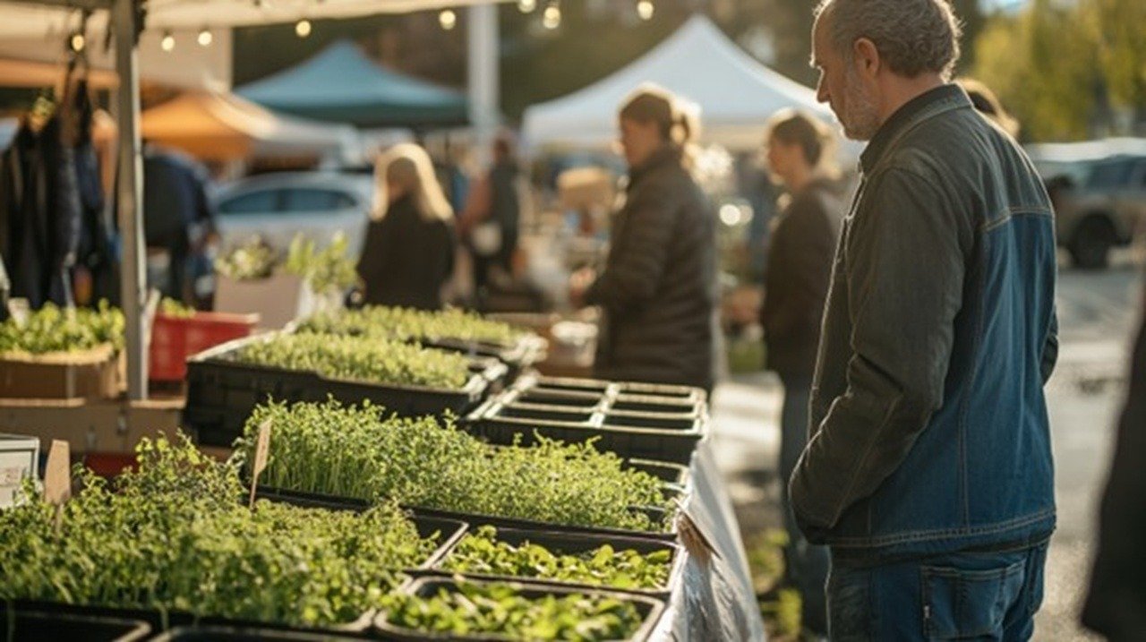 Frustrated farmer standing at farmers market booth with premium microgreens, while customers walk past toward cheaper produce, sunlight highlighting empty display trays, cloudy afternoon atmosphere.