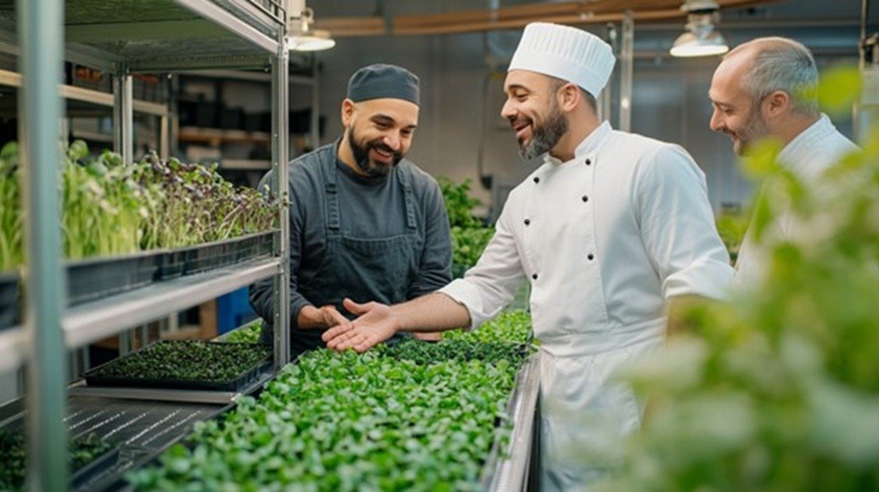 Professional urban farmer in a small greenhouse examining vibrant microgreen trays while speaking with two restaurant chefs, handshake indicating business deal, stainless steel shelving systems visible.