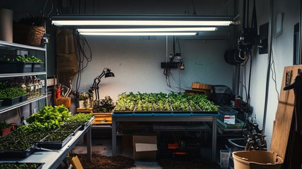luttered indoor growing room with tangled irrigation hoses, disorganized seed trays, scattered tools, half-empty growing racks, and spilled soil beneath harsh fluorescent lighting, showing inefficient microgreens production setup.