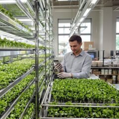 A bright, professional workspace with stainless steel grow racks illuminated by LED grow lights, showcasing vibrant microgreens at various growth stages. A diverse array of microgreen trays displays emerald arugula, deep purple basil, and crimson amaranth seedlings. In the foreground, a confident urban farmer in clean professional attire examines a tray while holding a digital pH meter. The background features organized supplies, including stacked growing trays, precision watering equipment, and climate control monitors.
