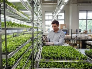 A bright, professional workspace with stainless steel grow racks illuminated by LED grow lights, showcasing vibrant microgreens at various growth stages. A diverse array of microgreen trays displays emerald arugula, deep purple basil, and crimson amaranth seedlings. In the foreground, a confident urban farmer in clean professional attire examines a tray while holding a digital pH meter. The background features organized supplies, including stacked growing trays, precision watering equipment, and climate control monitors.