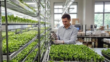 A bright, professional workspace with stainless steel grow racks illuminated by LED grow lights, showcasing vibrant microgreens at various growth stages. A diverse array of microgreen trays displays emerald arugula, deep purple basil, and crimson amaranth seedlings. In the foreground, a confident urban farmer in clean professional attire examines a tray while holding a digital pH meter. The background features organized supplies, including stacked growing trays, precision watering equipment, and climate control monitors.