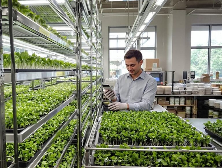 A bright, professional workspace with stainless steel grow racks illuminated by LED grow lights, showcasing vibrant microgreens at various growth stages. A diverse array of microgreen trays displays emerald arugula, deep purple basil, and crimson amaranth seedlings. In the foreground, a confident urban farmer in clean professional attire examines a tray while holding a digital pH meter. The background features organized supplies, including stacked growing trays, precision watering equipment, and climate control monitors.