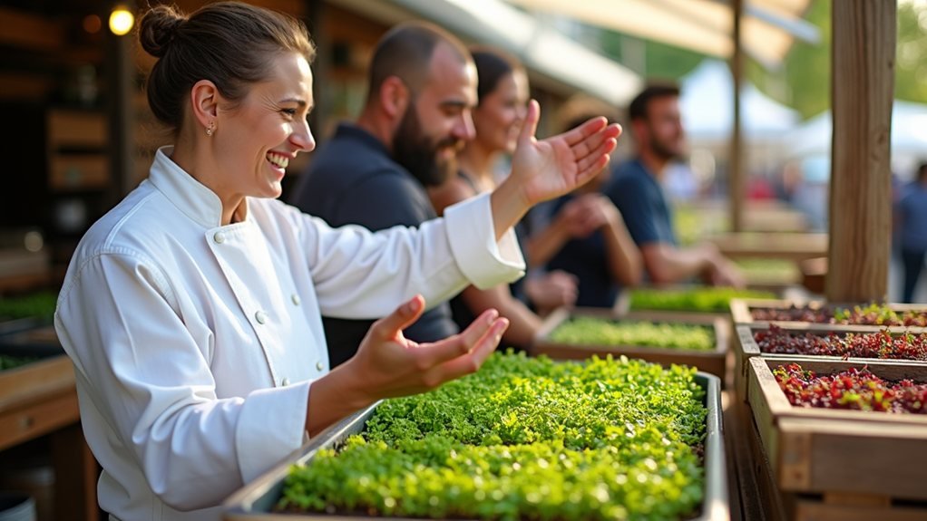 Professional photograph of a diverse group of three satisfied customers enthusiastically showing freshly harvested microgreens to other potential buyers at a high-end farmers market. The main customer, wearing a crisp white chef's coat, holds up a vibrant tray of red amaranth microgreens while gesturing expressively. Natural morning sunlight streams through the market's canopy, highlighting the dewy freshness of the greens. Two other customers, one a health-conscious young professional and another a local restaurant owner, lean in with genuine interest. The vendor's wooden booth features elegant displays of various microgreen varieties in recyclable packaging.