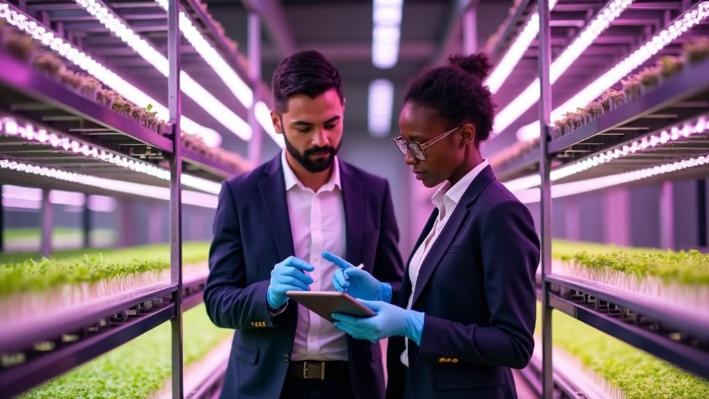 Two diverse business professionals stand side by side at a modern microgreens growing facility, examining young sprouts under bright LED grow lights. One person points to a tray of vibrant green shoots while the other takes notes on a tablet. They wear smart casual attire and safety gloves, their body language suggesting collaborative engagement. The industrial-style space features sleek metal shelving units with multiple levels of growing trays in the background, creating leading lines through the composition.