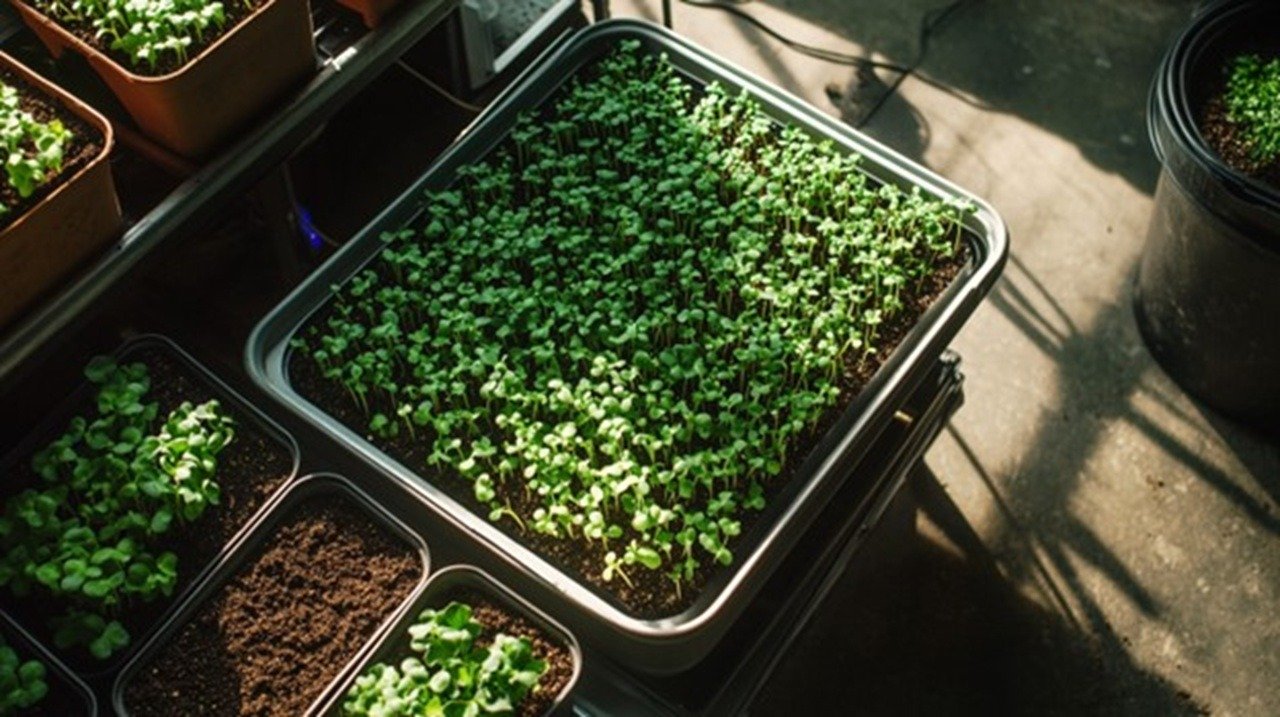 Wilting microgreens in half-empty growing trays beside overflowing containers, spilled soil, and unused LED lights, contrasting with one perfectly maintained tray thriving under optimal conditions, studio lighting, overhead perspective.