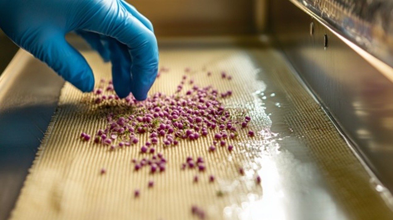 Viewed from above, hemp fiber grow mats line a stainless steel germination tray, creating a uniform beige surface.