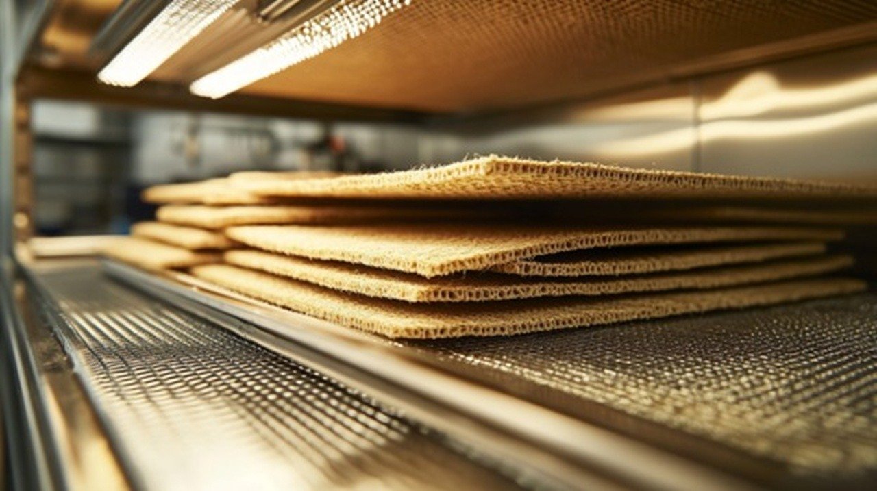 Layered natural fiber growing mats unfold across a sleek stainless steel sprouting tray, illuminated by soft overhead grow lights.