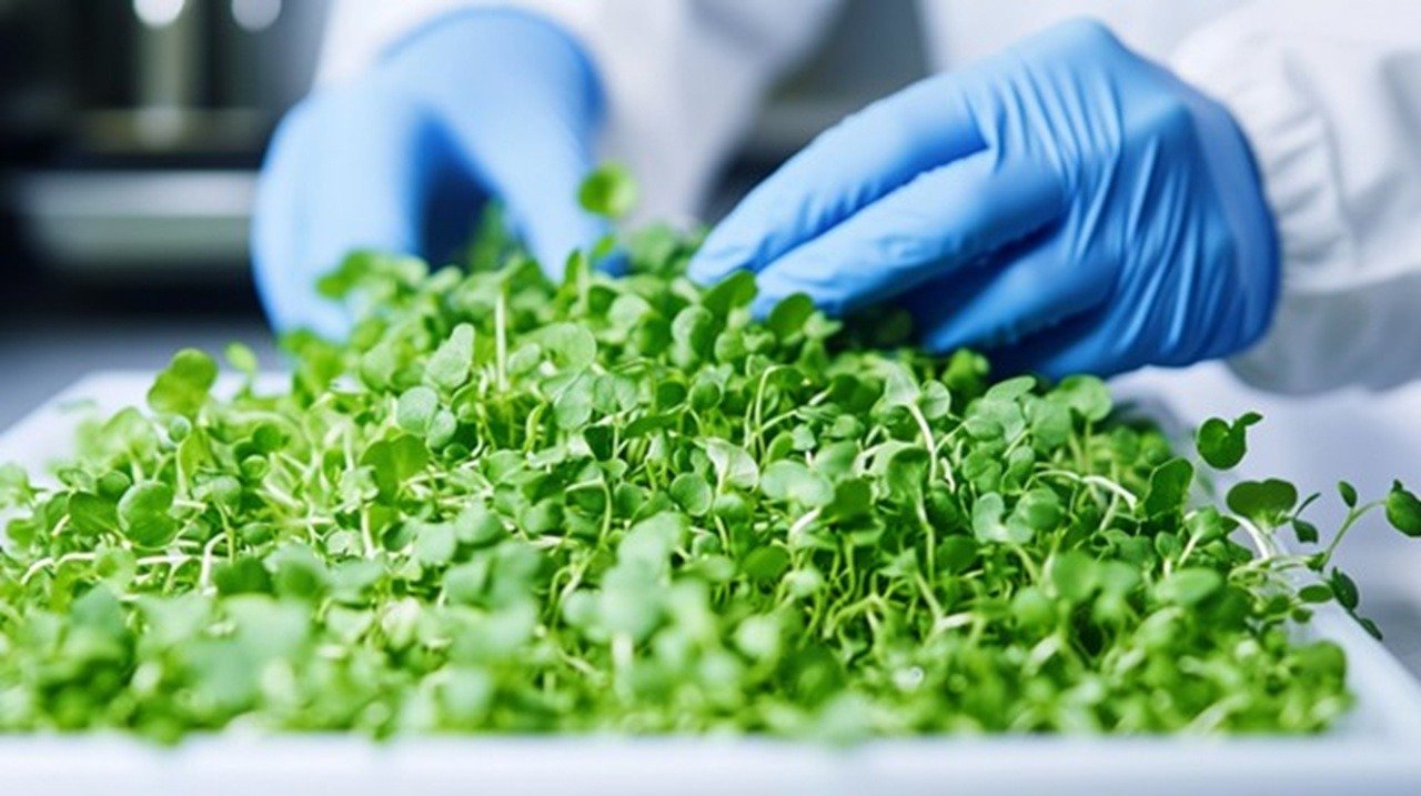 A close-up photograph of pristine broccoli microgreens under bright, diffused laboratory lighting, with a researcher's hands wearing blue nitrile gloves carefully measuring samples into scientific glass vials.