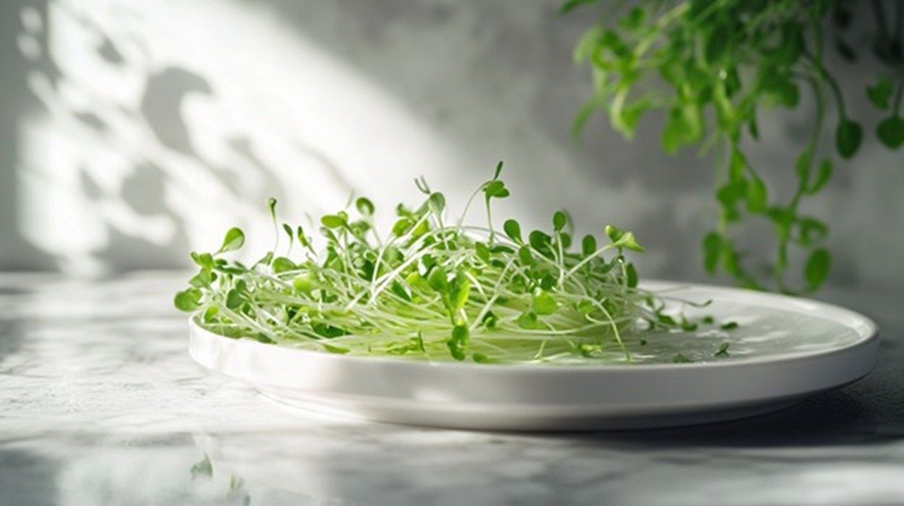 Professional close-up photograph of vibrant green broccoli microgreens arranged on a glossy white ceramic plate against a light gray marble countertop.