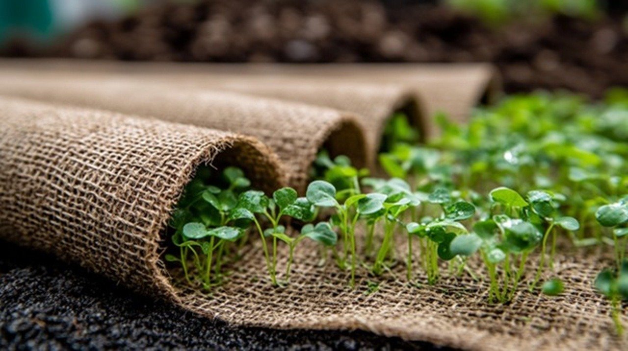 Unrolled hemp fiber grow mat fills the frame diagonally, its tan, fibrous texture catching natural light from above.