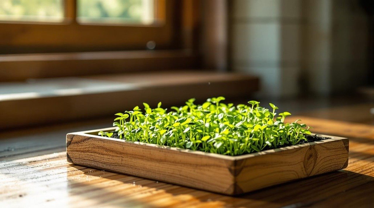 A wooden tray of microgreens sitting on a wooden table