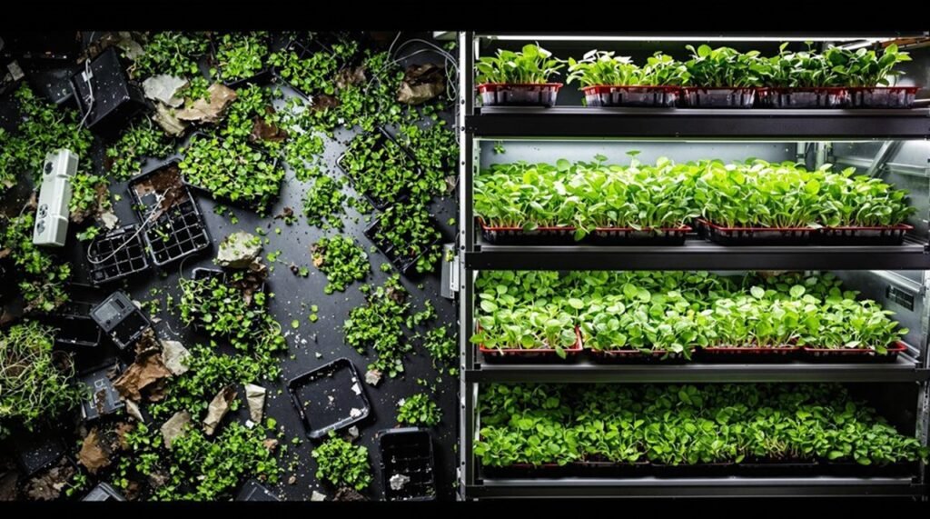 Two images, side-by-side: on the left is a disorganized scatter set of microgreens trays. On the right is a rack of neatly growing, healthy microgreens in trays