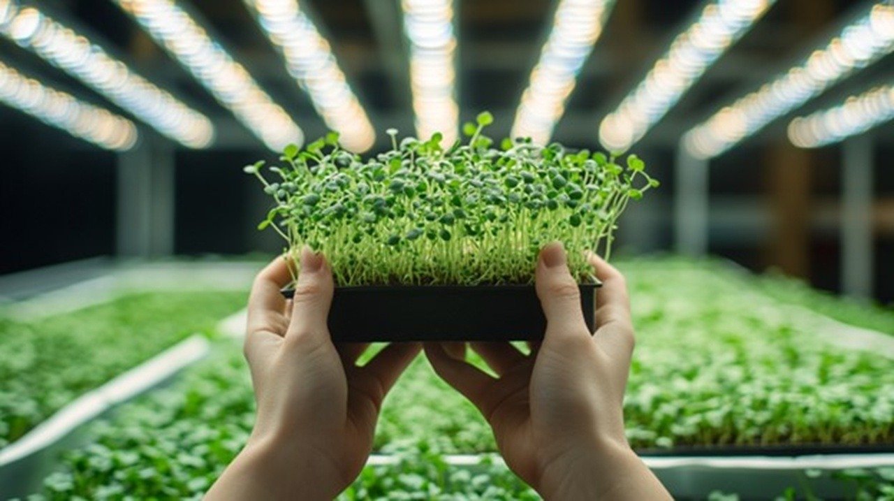 A pair of hands holding vibrant microgreens against a backdrop of stacked grow racks, LED lights, and seed trays, sunlight streaming through industrial windows illuminating mist-covered sprouts.