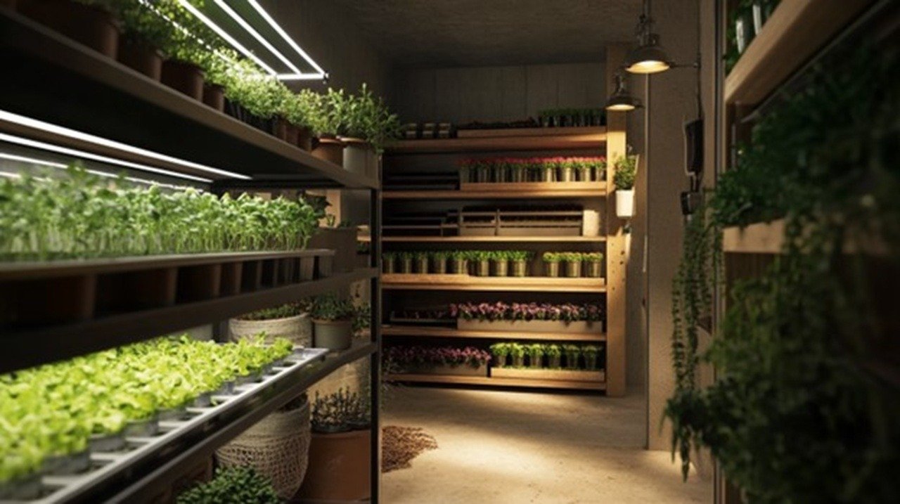 Indoor microgreens growing setup with three distinct zones: solar panels powering LED lights, recycled water system flowing through stacked trays, and composting bins beside organized seed storage shelves.