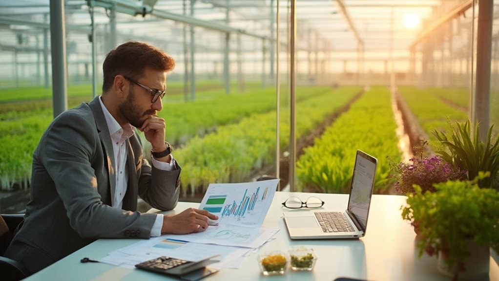 Professional photograph of an entrepreneur working at a minimalist white desk, carefully reviewing financial spreadsheets and business plans. On the desk sits a vibrant tray of microgreens under LED grow lights, symbolizing active production. The scene is captured from a 45-degree angle, with natural light streaming through a large window. A calculator, laptop displaying profit margins, and neatly organized notebooks are arranged on the desk. The entrepreneur wears business casual attire and appears focused while making notes. The composition shows both the practical growing operation and the financial planning aspects of the business, shot with shallow depth of field to create a modern corporate feel.